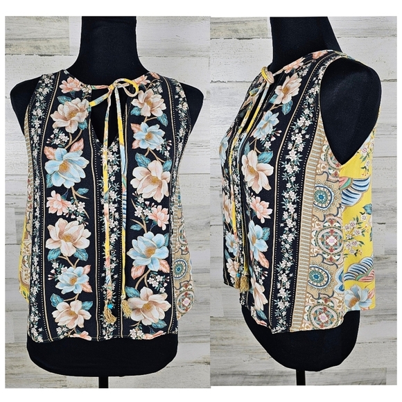 Farm Rio Floral Mixed Print Blouse Tank Sz XS Black Yellow Casual Boho Festival - Picture 1 of 14